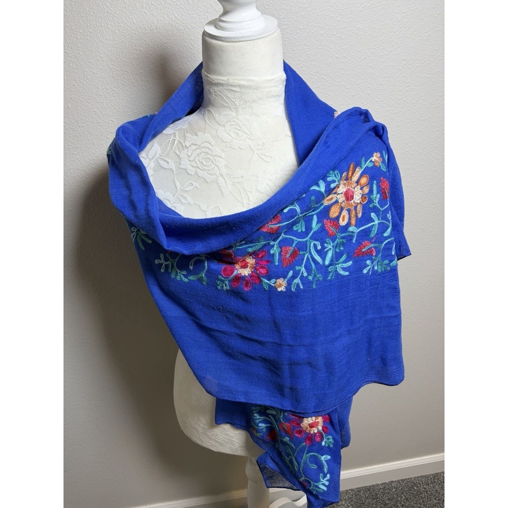 Embroidered Floral Blue Boho Scarf Shawl Wrap~36" x 64"~Soft Gypsy Festival - Picture 5 of 13